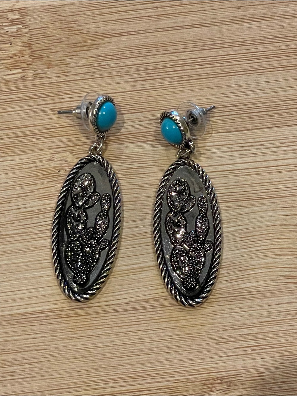 Turquoise Accent Silver Cactus Drop Earrings - Women Jewelry